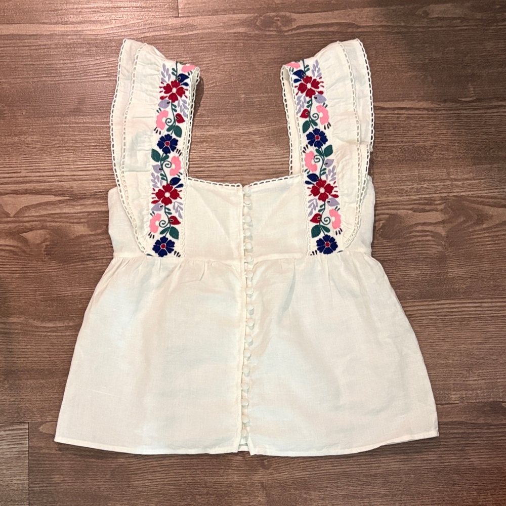 Sezane Embroidered Cream Sleeveless Top